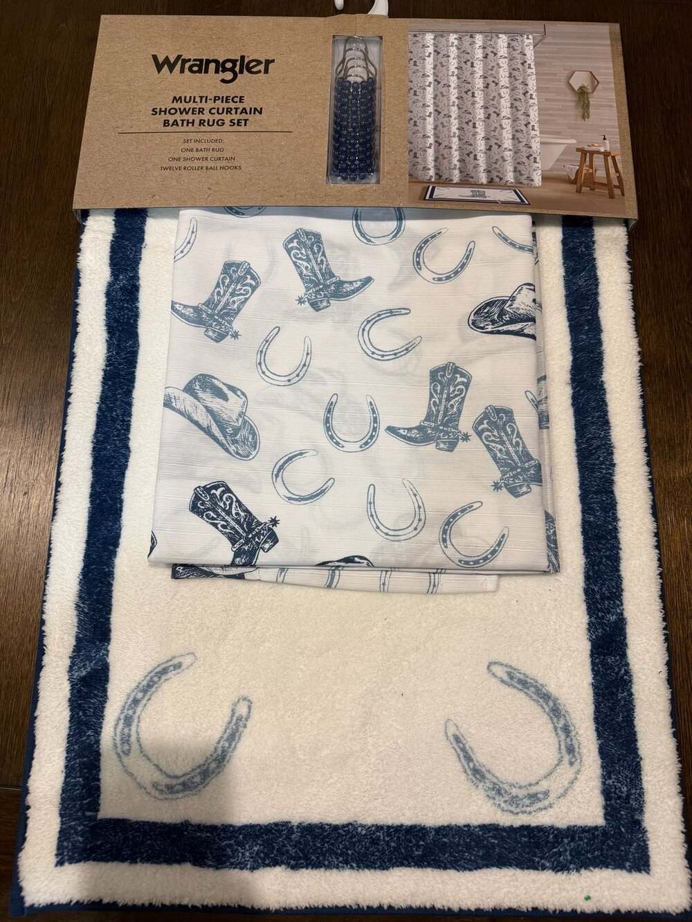 Wrangler Multi-Piece Shower Curtain Bath Rug Set  blue Western Cowboy